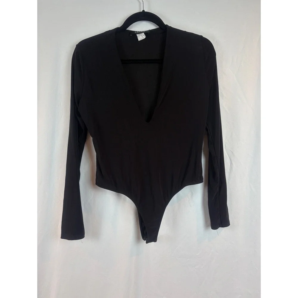 Akira Womens Deep V Neck Long Sleeve Thong Bodysuit Black XL